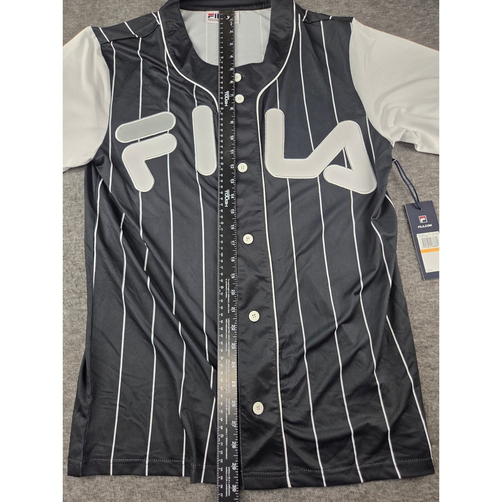 FILA Baseball Jersey Mens M Black Pinstripe Mesh Button Front Logo Sportswear